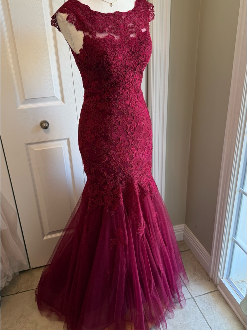 Dave & Johnny Burgundy Lace Evening Dress